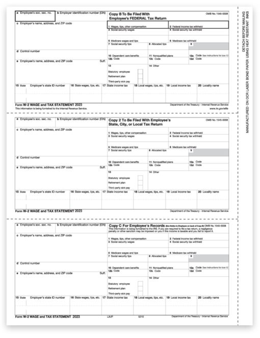 W2 Tax form 3up employee copies B-C-2 on a single, condensed, perforated sheet - zbpforms.com
