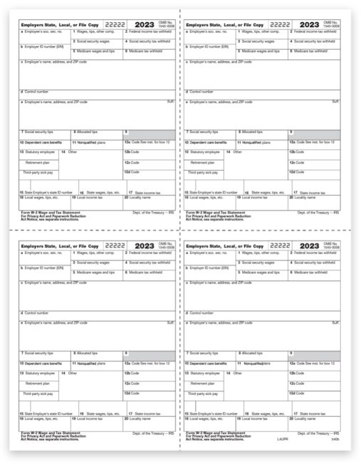 Employer W2 Tax Forms, 4up V1 Quadrant Format, Copy D-1 for Employer State, City and File, W-2 Forms for 2023 - ZBPforms.com