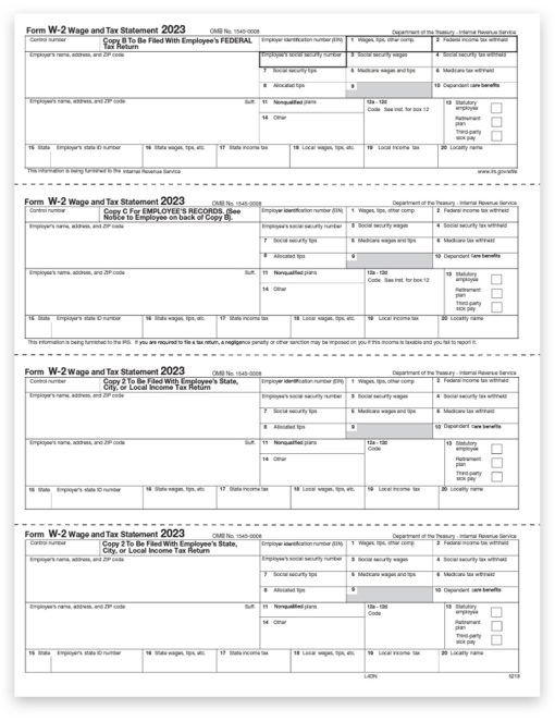 Employee W2 Tax Forms, 4up V2 Horizontal Format, Copy B-C-2-2 for Federal, State, City and File, W-2 Forms for 2023 - ZBPforms.com