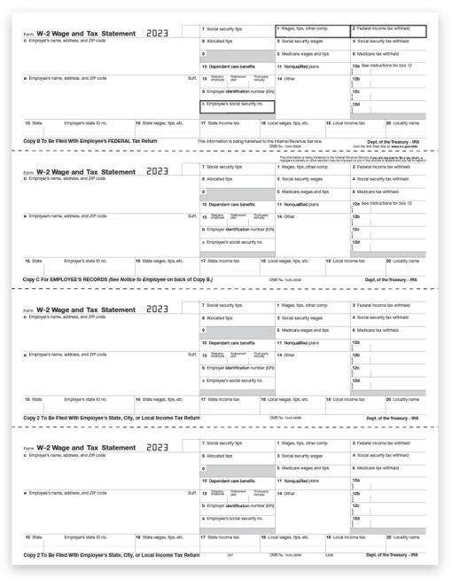 Employee W2 Tax Forms, 4up V2A Horizontal Format, Copy B-C-2-2 for Federal, State, City and File, W-2 Forms for 2023 - ZBPforms.com