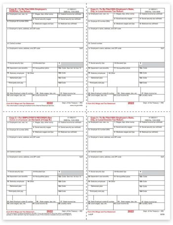 Employee W2 Tax Forms, 4up V1 Quadrant Format, Copy B-C-2-2 for Federal, State, City and File, W-2 Forms for 2022 - ZBPforms.com
