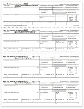 Employee W2 Tax Forms, 4up V2 Horizontal Format, Copy B-C-2-2 for Federal, State, City and File, W-2 Forms for 2022 - ZBPforms.com