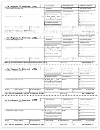 Employee W2 Tax Forms, 4up V2A Horizontal Format, Copy B-C-2-2 for Federal, State, City and File, W-2 Forms for 2022 - ZBPforms.com