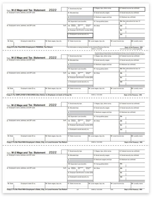 Employee W2 Tax Forms, 4up V2A Horizontal Format, Copy B-C-2-2 for Federal, State, City and File, W-2 Forms for 2022 - ZBPforms.com