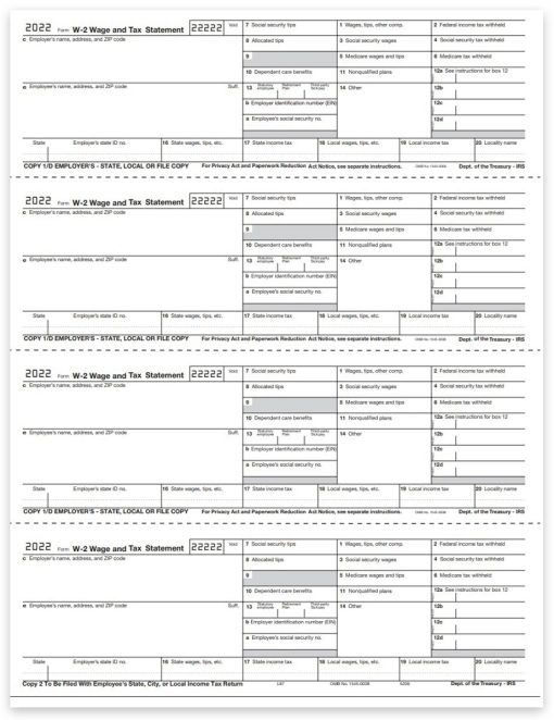 Employer W2 Tax Forms, 4up V2 Horizontal Format, Copy D-1 for Employer State, City and File, W-2 Forms for 2022 - ZBPforms.com