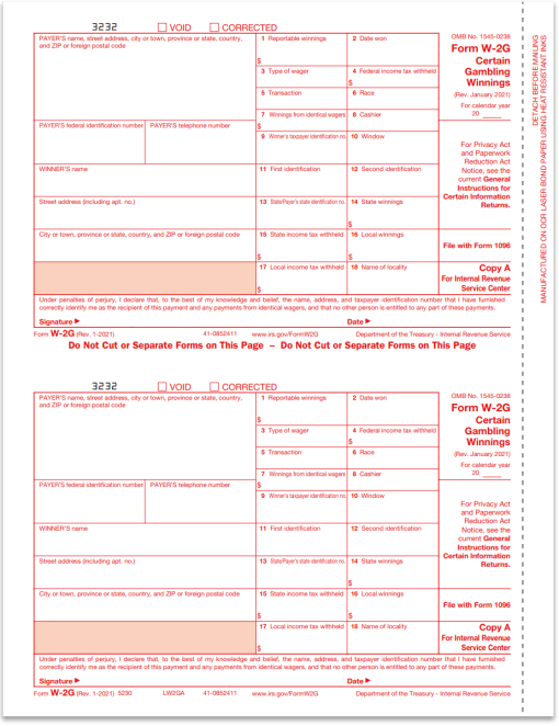 W2G Tax Forms for Gambling Winnings. Payer Red Copy A W2-G Forms - ZBPforms.com