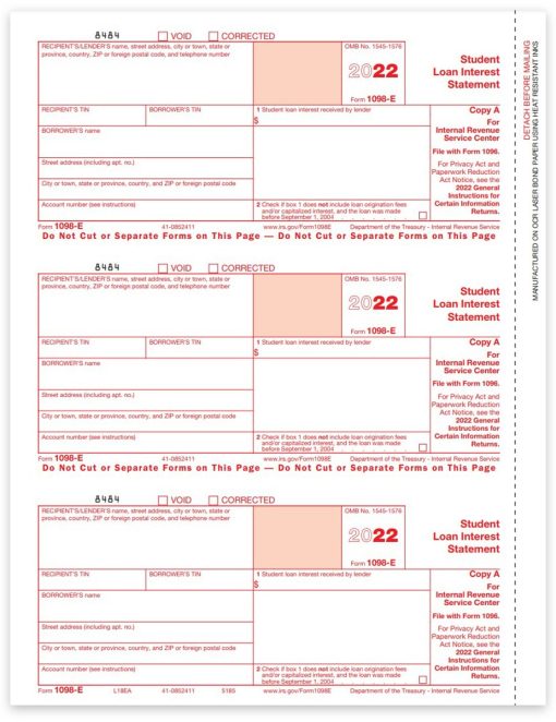 1098E Forms, Student Loan Interest Information. IRS Copy A Official 1098-E Tax Forms - ZBPforms.com