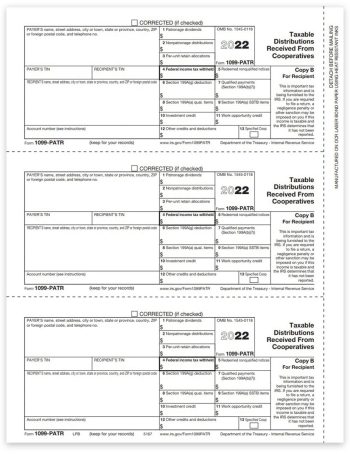 Form 1099PATR for Taxable Distributions from Cooperatives in 2022. Official Recipient Copy B 1099-PATR Forms - ZBPforms.com