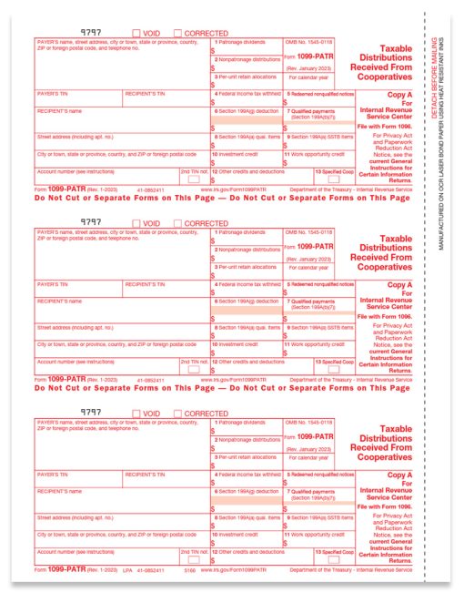 Form 1099PATR for Taxable Distributions from Cooperatives. Official IRS Copy A 1099-PATR Forms - ZBPforms.com