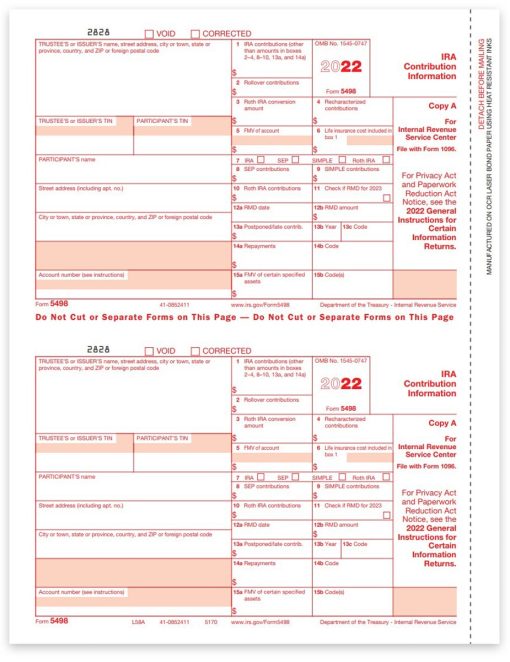 Form 5498 for IRA Contribution Information during 2022. Official IRS Copy A 5498 Forms - ZBPforms.com