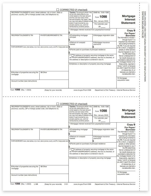 1098 Forms for Reporting Mortgage Interest, Payer / Borrower Copy B Official 1098 Forms - ZBPforms.com