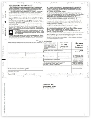 Pressure Seal 1098 Forms for Mortgage Interest, Borrower Copy + Instructions, 11-inch Z-Fold Format - ZBPforms.com
