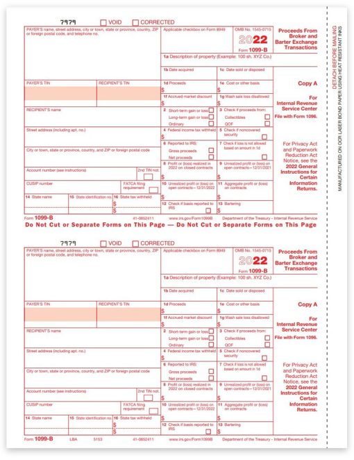 Form 1099B for Broker and Barter Exchange Transactions. Official IRS Copy A 1099-B Forms - ZBPforms.com