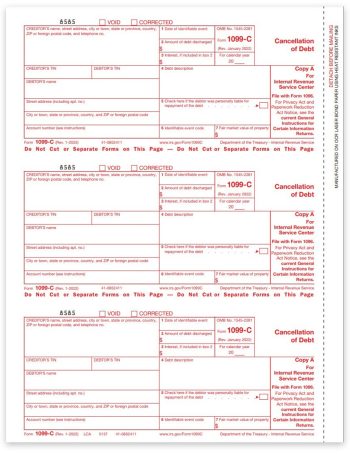 Form 1099C for Cancellation of Debt. Official IRS Copy A 1099-C Forms - ZBPforms.com