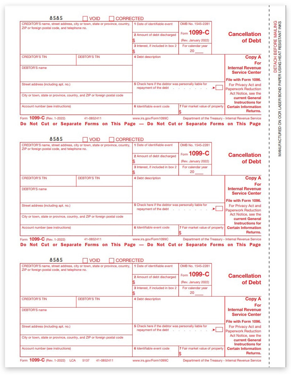 Federal Copy A 150/Pk 2019 Laser 1099C Tax Forms 