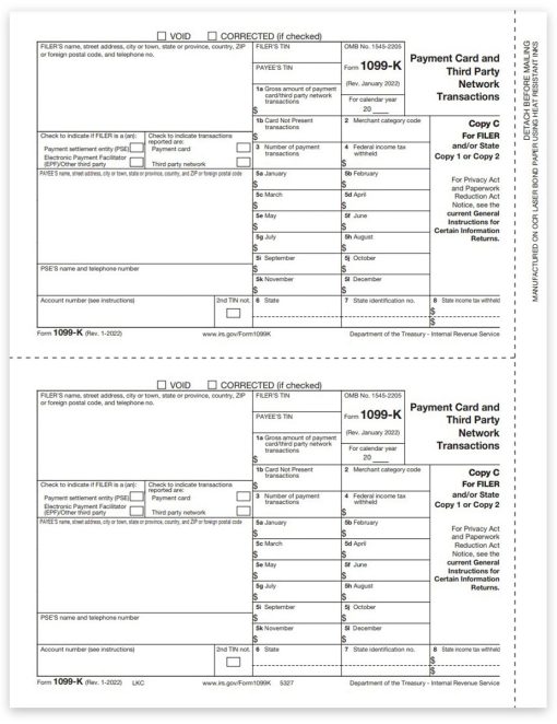 Form 1099K for Payment Cards and Third-Party Network Transaction Reporting. Official State or File Copy C 1099-K Forms - ZBPforms.com