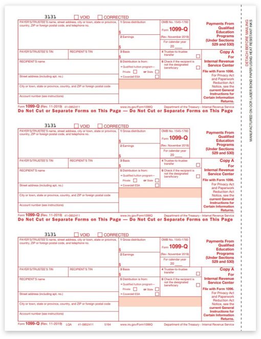 Form 1099Q for Payments from Qualified Education Programs. Official IRS Copy A 1099-Q Forms - ZBPforms.com