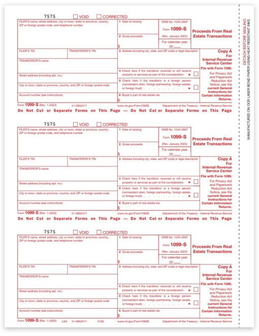 Form 1099S for Proceeds from Real Estate Transactions. Official IRS Copy A 1099-S Forms - ZBPforms.com
