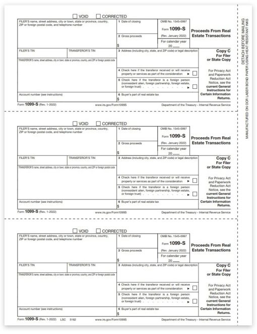 Form 1099S for Proceeds from Real Estate Transactions. Official State or Filer Copy C 1099-S Forms - ZBPforms.com