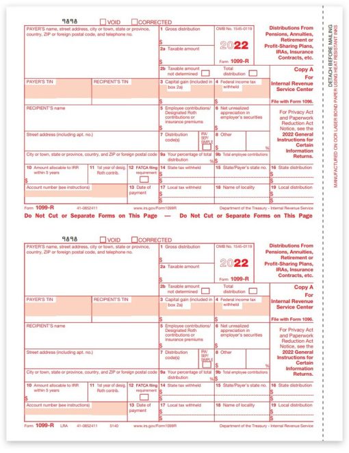 Form 1099R for 2022 to Report Distributions from 401K and More. Official IRS Red Copy A 1099-R Forms - ZBPforms.com