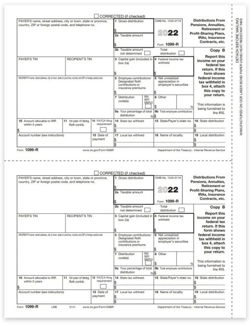 Form 1099R for 2022 to Report Distributions from 401K and More. Official Recipient Copy B 1099-R Forms - ZBPforms.com