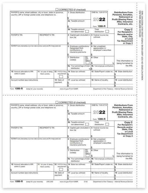 Form 1099R for 2022 to Report Distributions from 401K and More. Official Recipient Copy C-2 1099-R Forms - ZBPforms.com