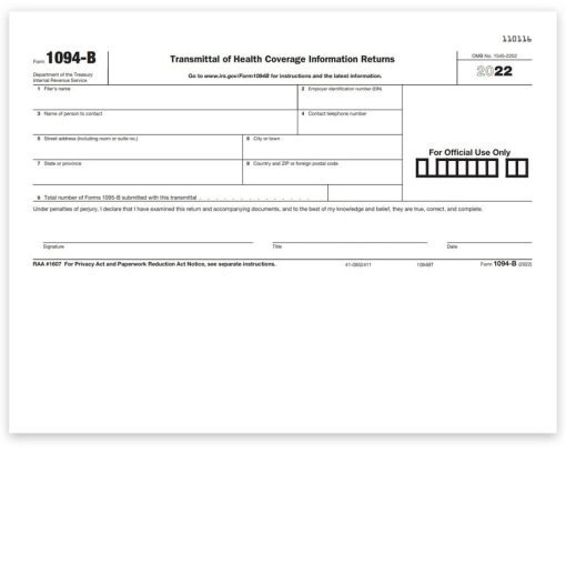 Form 1094B Transmittal for 1095B Healthcare Coverage ACA Forms for the IRS - ZBPforms.com
