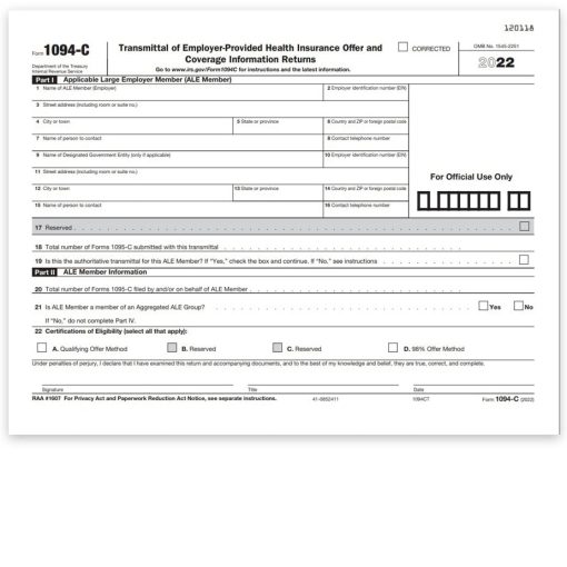 Form 1094C Transmittal for 1095C Filing with the IRS for Healthcare Coverage Reporting - ZBPforms.com