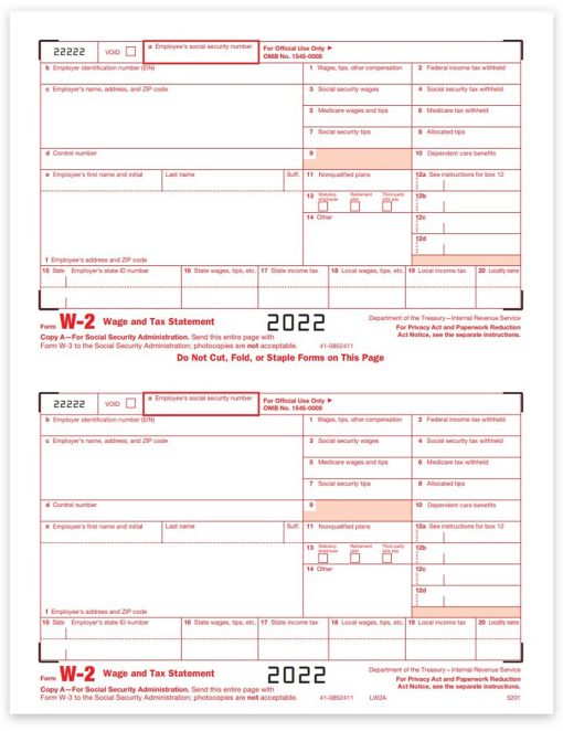 W2 Tax Forms, Red Copy A Forms for SSA, 2022 W-2 Forms for Employers - ZBPforms.com