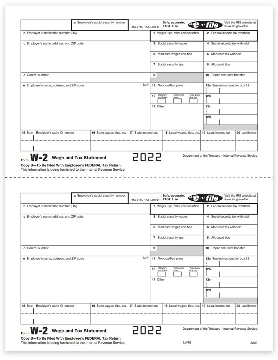 W2 Tax Forms Copy B for Employee Federal Filing
