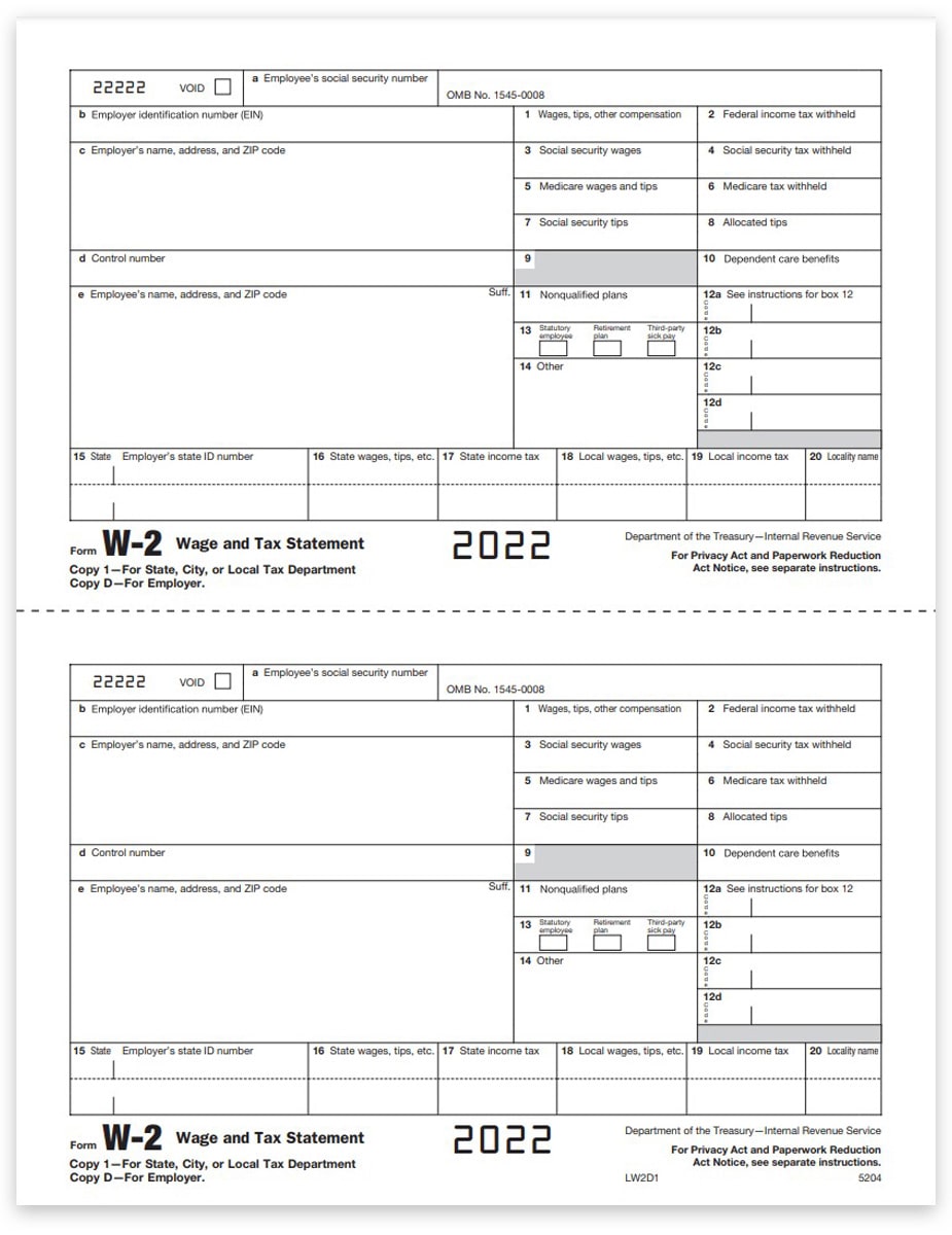W2 Tax Forms for Employers Copy 1 & D