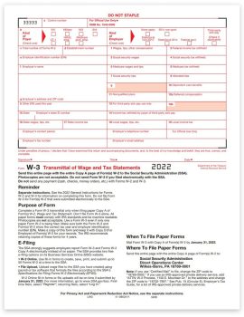 2-pt W3 Transmittal Forms for 2022. Carbonless. Use to Summarize a Batch of W2 Copy A Forms from an Employer - ZBPforms.com
