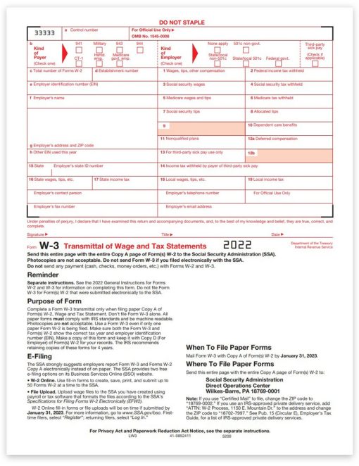 W3 Transmittal Forms for 2022. Use to Summarize a Batch of W2 Copy A Forms from an Employer - ZBPforms.com
