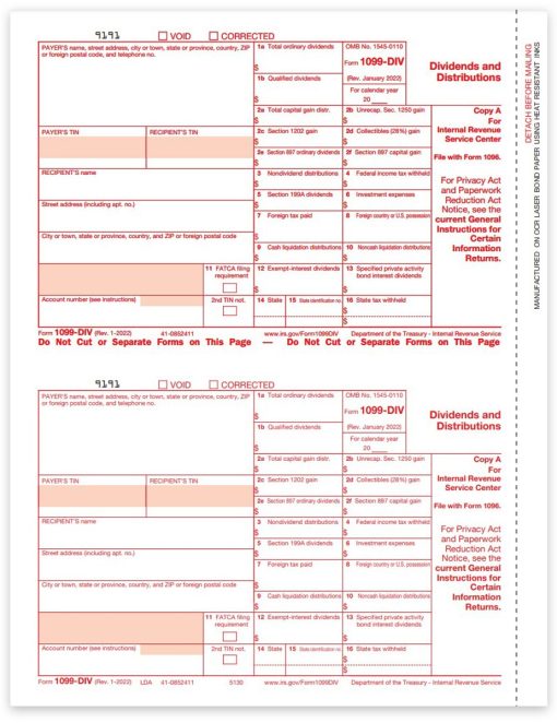 Form 1099DIV for Dividends & Distributions. Official IRS Copy A 1099-DIV Forms - ZBPforms.com