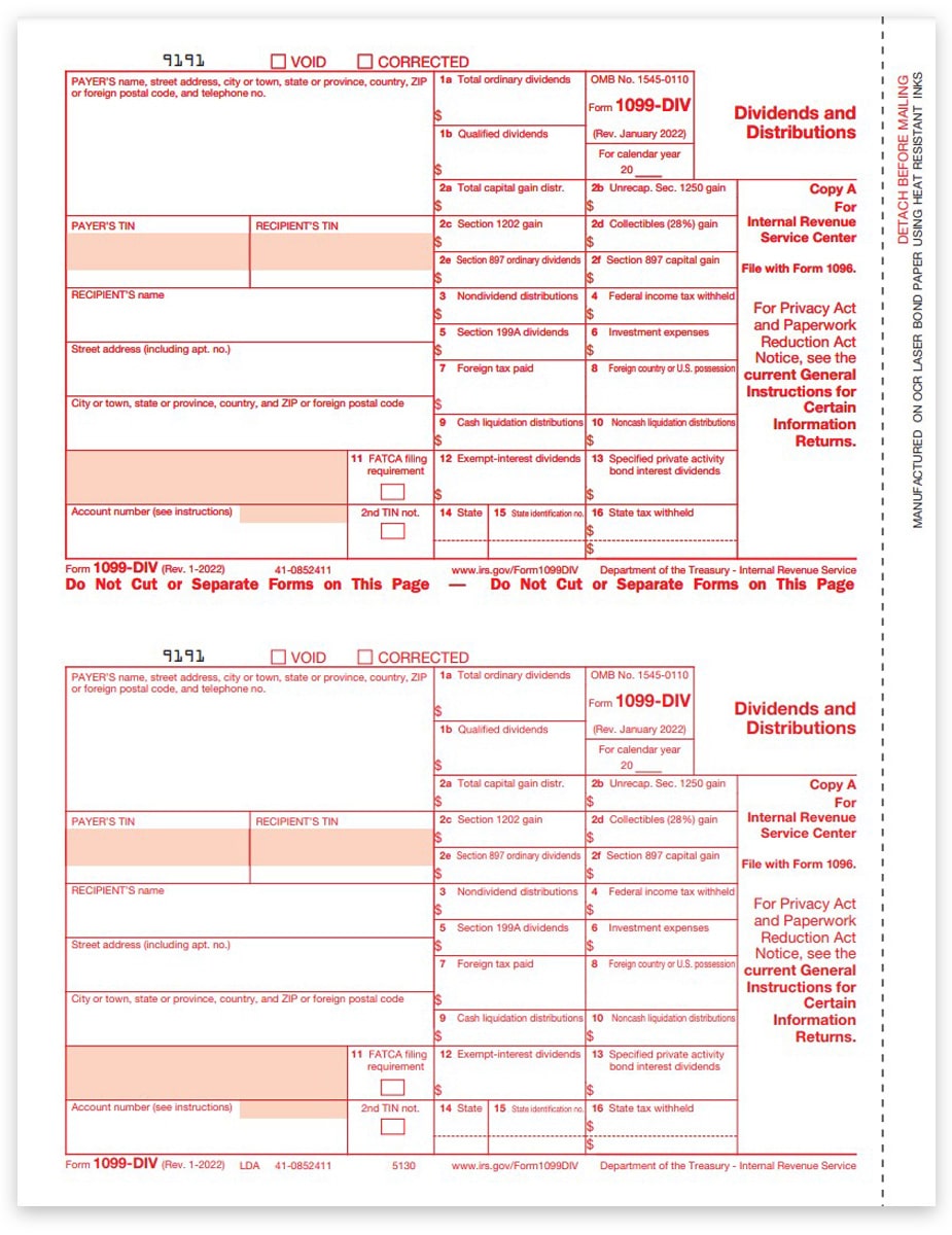Federal Copy A ~Pack of 100~ 2018 Laser Tax Form 1099-DIV Income 