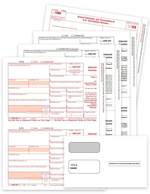 1099INT Tax Forms and Envelopes Set for 2022. Interest Income Reporting. Official 1099-INT forms and security envelopes - ZBPforms.com