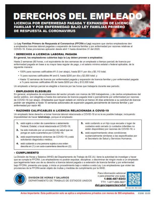 Employee Rights Sign COVID19 Spanish Version - ZBPForms.com