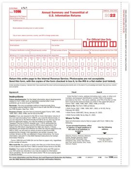 1096 Forms for Summary and Transmittal of 1099, 1098, 5498 and W2G forms to the IRS - ZBPforms.com
