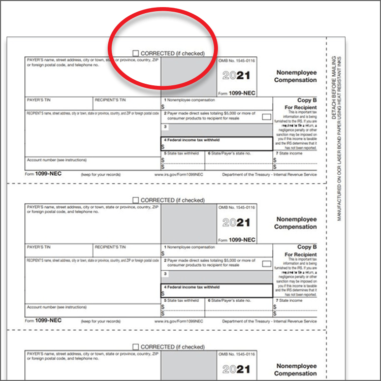 Correct a 1099 Form using the checkbox at the top of the form, and re-filing with the IRS and mailing a recipient copy - ZBPforms.com