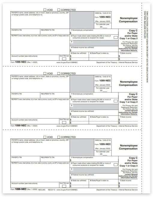 Form 1099NEC Copy C-2 for 2022, Payer State or File 1099NEC Tax Form - ZBPforms.com