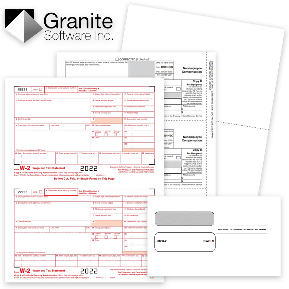 Granite Software Compatible 1099 & W2 Tax Forms and Envelopes for 2022 - ZBPforms.com