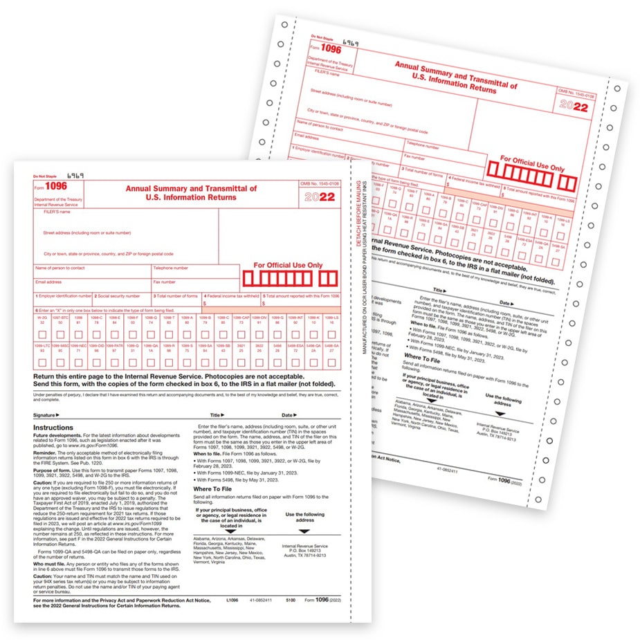 1096 Transmittal Forms for 1099 Copy A Filing with the IRS - ZBPforms.com