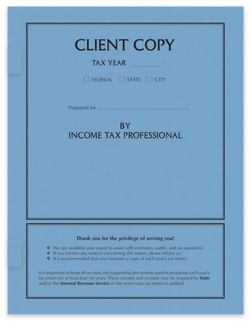 Client Copy Tax Return Cover with Side Staple Tabs and Room to Write Information, Blue Paper - ZBPforms.com