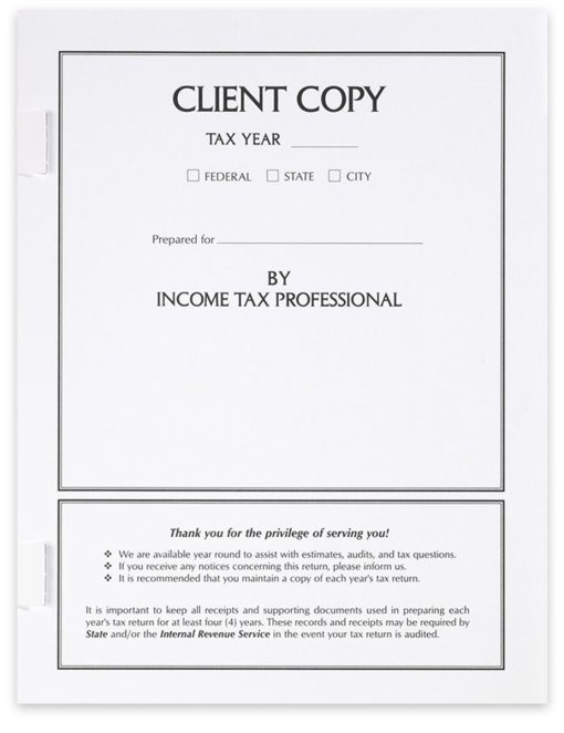 Client Copy Tax Return Cover with Side Staple Tabs and Room to Write Information, White Paper - ZBPforms.com