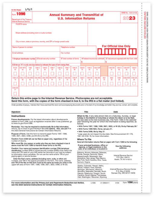 1096 Transmittal Tax Forms for 2023 to use with 1099 Copy A Filing with the IRS. New e-file rules apply - zbpforms.com