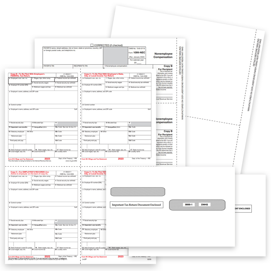 1099 & W2 Tax Form and envelope sets for 2023 for businesses who e-file, these form sets do not include Copy A forms per new 2023 efile rules - zbpforms.com