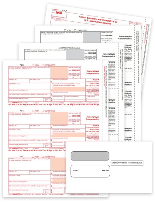 1099NEC Tax Forms and Envelopes Set for 2023 Non-Employee Compensation Reporting. Payer and Recipient 1099-NEC Forms + Security Envelopes. New Efile Rules Apply - ZBPforms.com