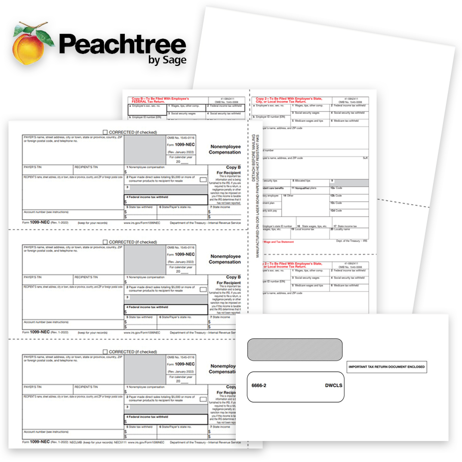 Peachtree software compatible 1099 & W2 tax forms, guaranteed compatible official forms, blank perf paper and envelopes - zbpforms.com