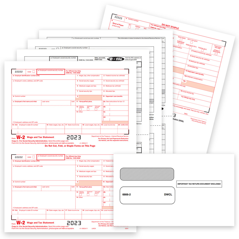 W2 tax form sets for 2023 with envelopes and employer and employee W-2 form copies - zbpforms.com