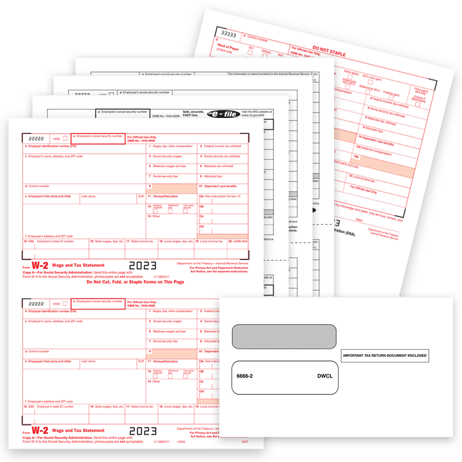 W2 tax form sets for 2023 with envelopes and employer and employee W-2 form copies - zbpforms.com